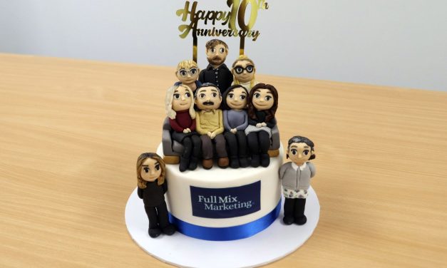Manufacturing marketing agency Full Mix Marketing captured in cake for 10th anniversary