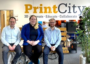 LtoR - Prof. Carl Diver, Director of PrintCity, Claire Scott, Technology Adoption Specialist for Made Smarter, and Alan Dempsey, Project Manage