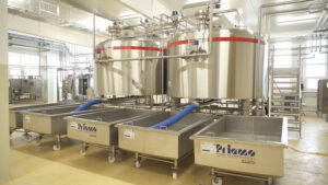 The first stage of the mozzarella making process takes place in the coagulation vats